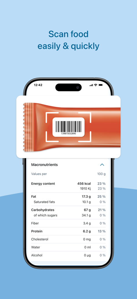 A smartphone scanning a food product barcode to display detailed macronutrients and calories in the Fddb app