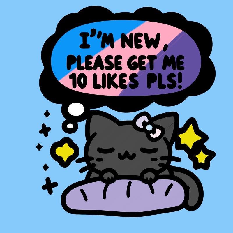 kitty taking a nap dream talking and saying "i'm new, please get me at least 10 likes pls!!"