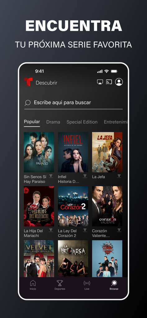 Telemundo app discover section featuring various Spanish language TV series