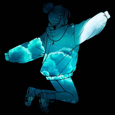 realistic girl jumping with a bun and oversized sweatshirt