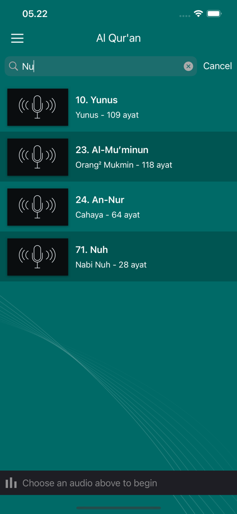 Wazma - Al Quran Murottal - Search interface of the Wazma Al Quran Murottal app showing surah search results with Indonesian translations.