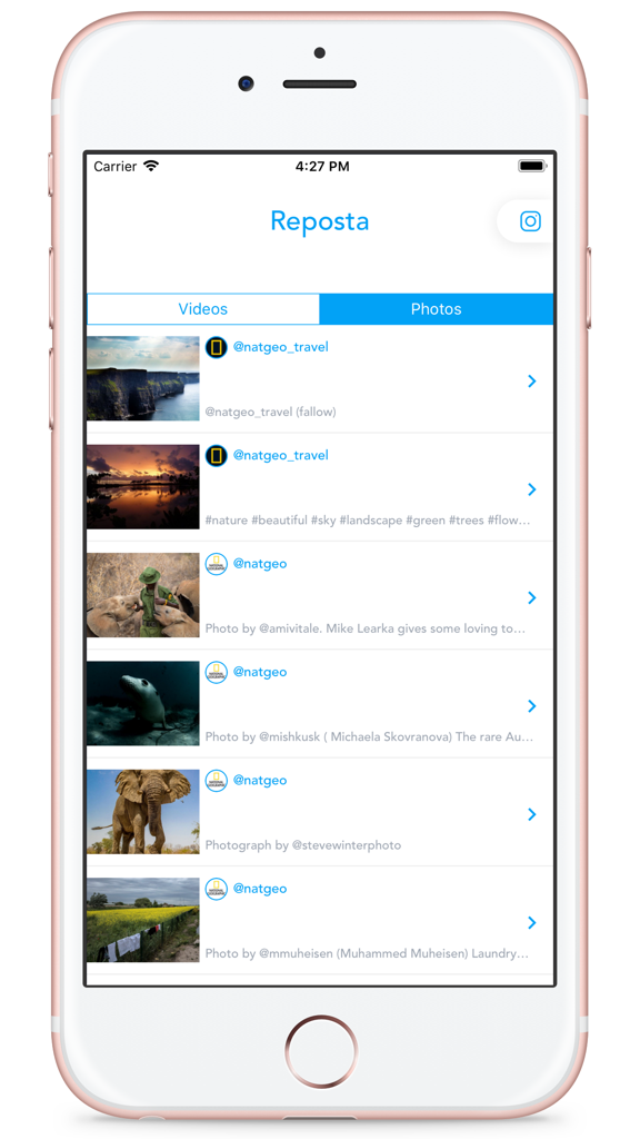 Reposta - Reposta mobile app interface showing a list of Instagram photos and videos ready for curation