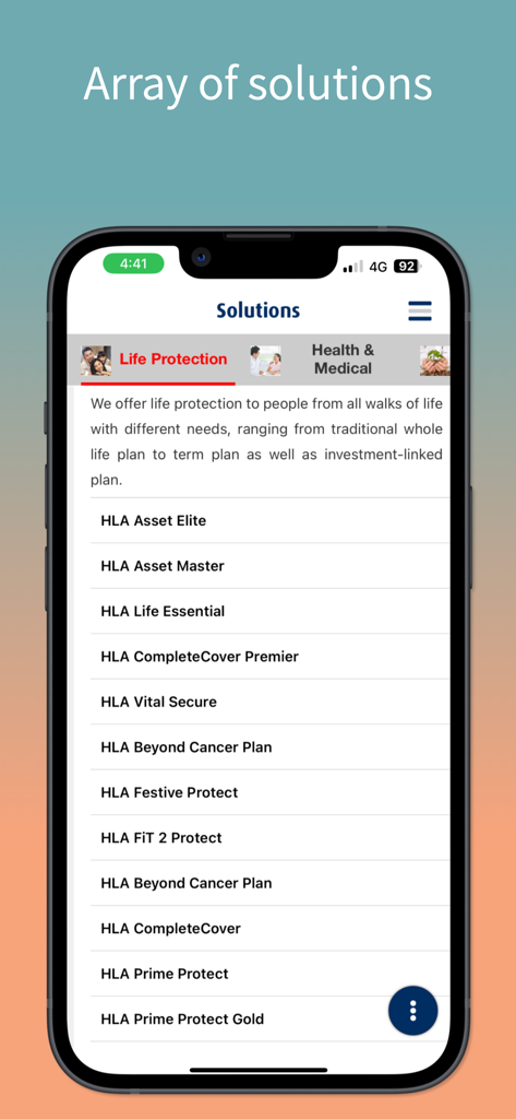 HLA360° app by HLA - HLA360 app interface showing various life protection insurance plans and solutions