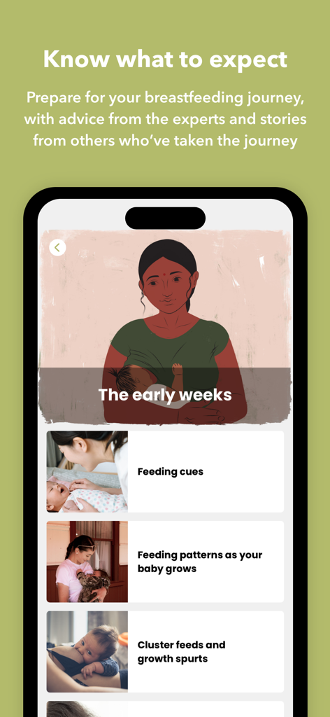 BreastFedNZ - Mobile app screen for BreastFedNZ displaying topics such as early weeks, feeding cues, and growth spurts.