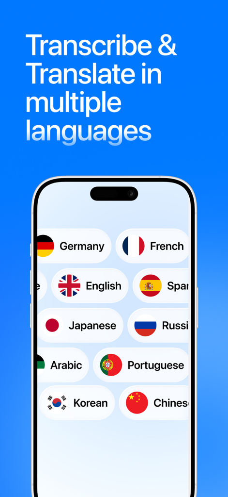Mino: Note Taker & Voice Notes - Ein Bildschirm, der die Fähigkeit der Mino App zeigt, Audio in mehrere Sprachen wie Englisch, Spanisch und Japanisch zu transkribieren und zu übersetzen.