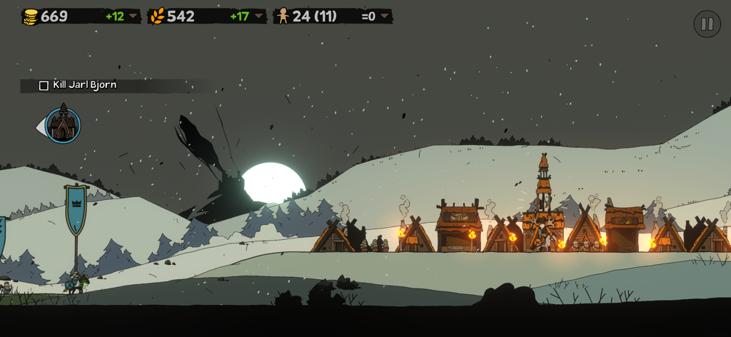 A hand drawn snowy village in Parabellum Siege of Legends with a quest to kill Jarl Bjorn