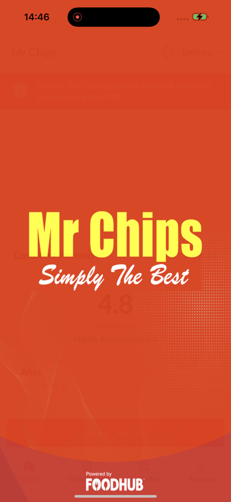 Mr Chips. - Mr Chipsフードデリバリーアプリのホームページ。ブランドロゴとスローガン「Simply The Best」が表示されています。