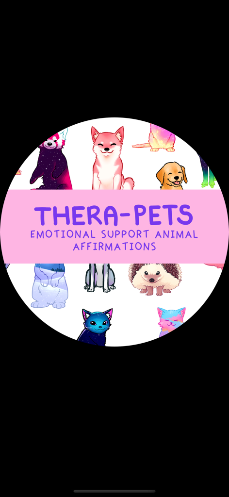 Thera-pets - Thera-pets app logo featuring a circle of colorful illustrated animals and emotional support affirmation text