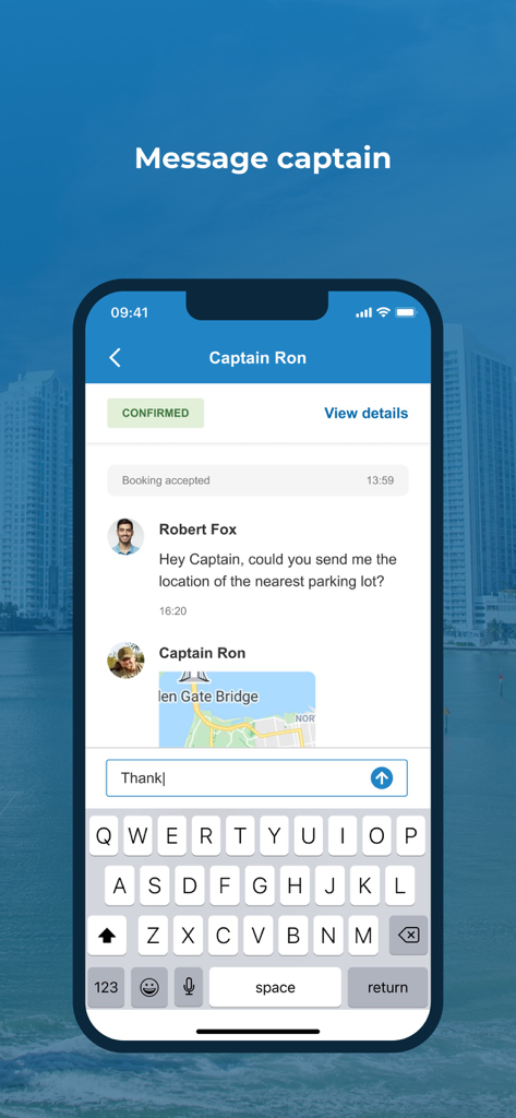 Interface de mensagens no aplicativo entre um pescador e um capitão de pesca verificado