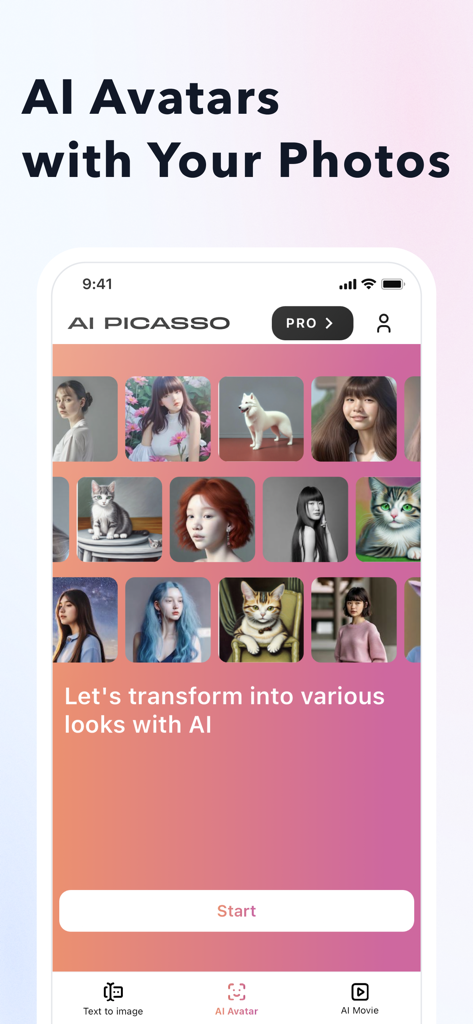 AI Art Generator by AI Picasso - AI Picasso app interface showing various AI-generated avatars of people and animals