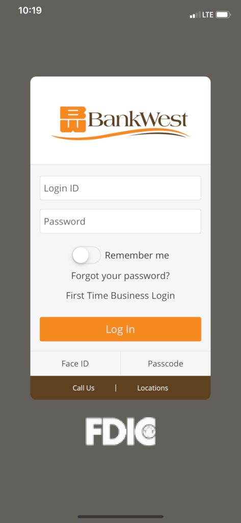 BankWest SD Mobile Banking - Login interface for BankWest SD Mobile Banking app with fields for login ID and password