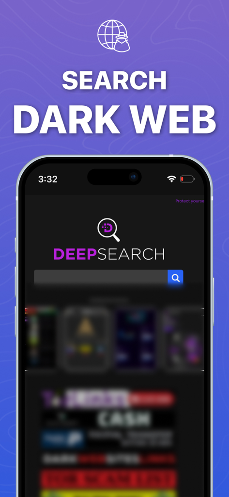 TOR Browser - TORIN - TOR Browser Torin mobile interface showing a dark web search engine with DeepSearch logo