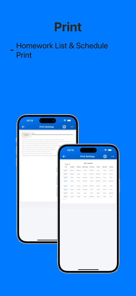 My Homework & Exam Assistant - Preview of the print settings for homework lists and weekly course schedules on iPhone screens.
