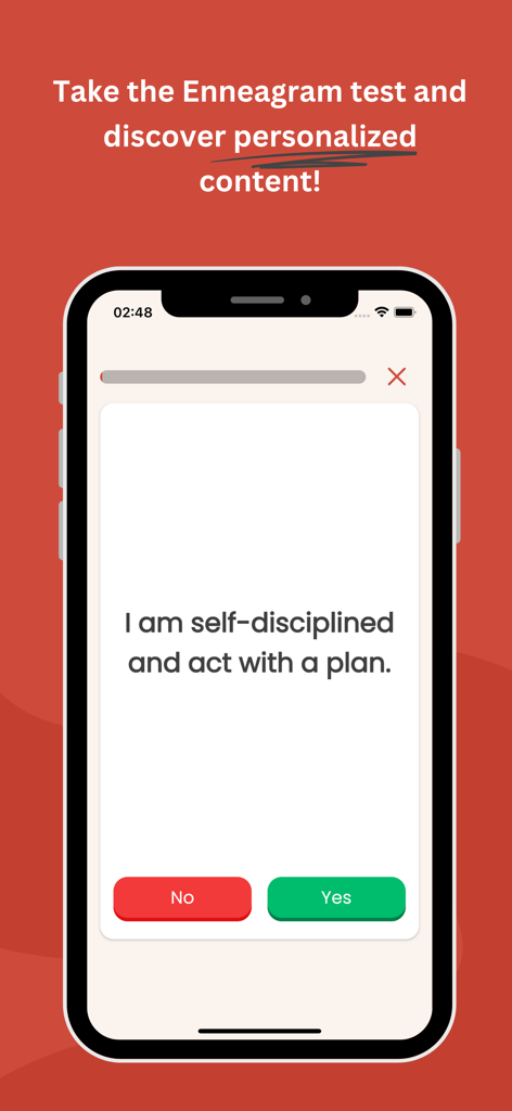 Enneagram 9 Type - Uno schermo di smartphone che mostra una domanda del test di personalità dell'Enneagramma con i pulsanti Sì e No su uno sfondo rosso.
