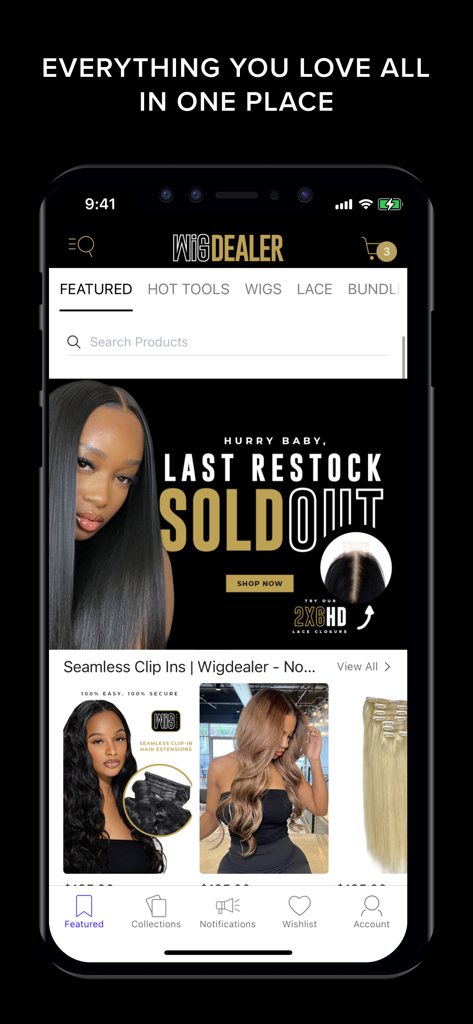 Wigdealer - The home screen of the Wigdealer app showing featured premium wigs and hair products.