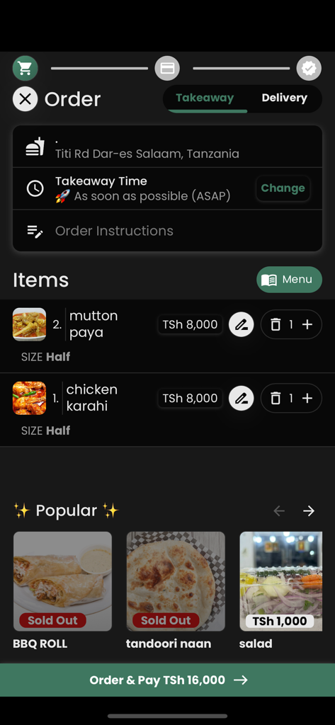 Karachi Food Master - Karachi Food Master app order summary screen showing mutton paya and chicken karahi in the cart
