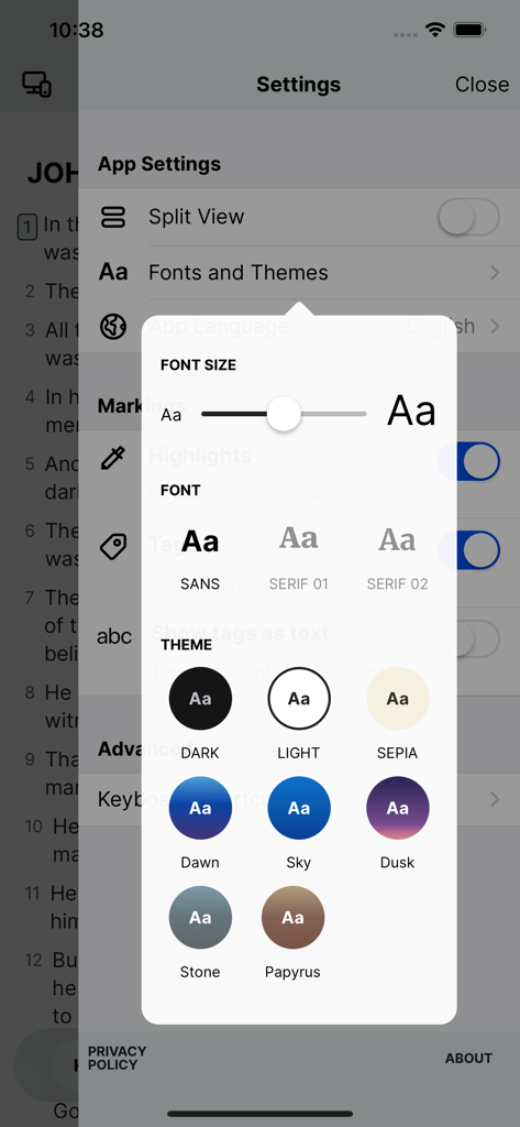 Digital Bible - Font and theme customization options in the Digital Bible mobile application