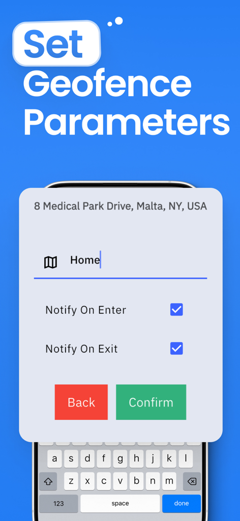 Spy Phone ® Pro Mobile Tracker - Interface for setting geofence parameters in the Spy Phone Pro Mobile Tracker app with notification options for entering and exiting a location.