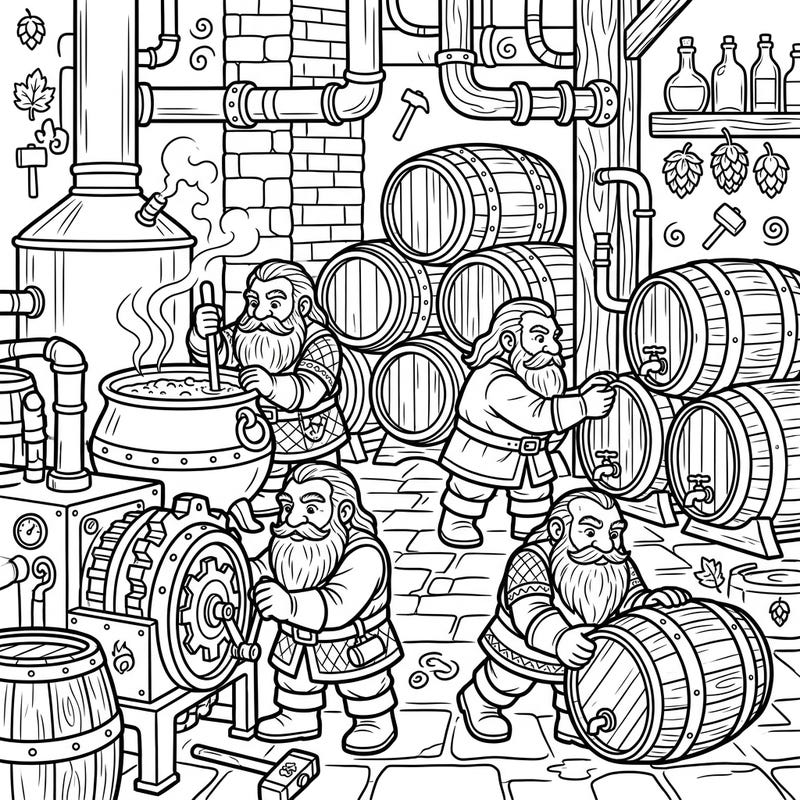 Journey into a bustling fantasy brewery with this engaging coloring page, showcasing four industrious dwarf brewers at work. This detailed scene is perfect for teens seeking a creative and immersive coloring experience.