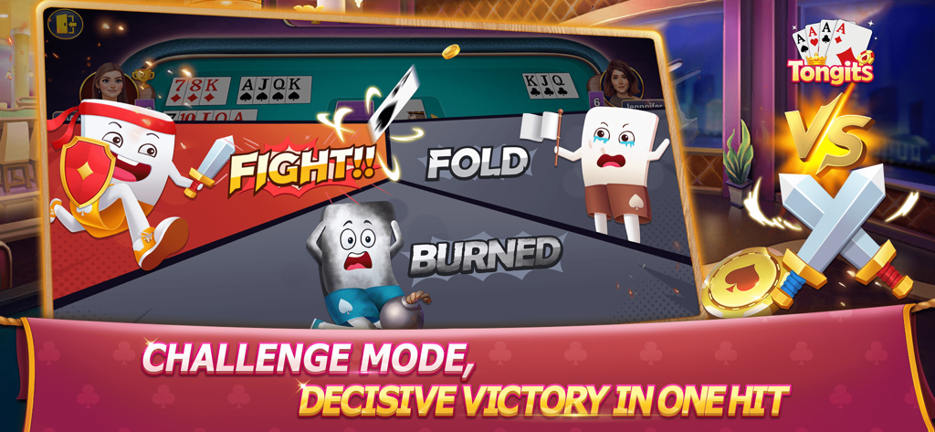 Tongits Deluxe: Fun Card Game - El juego de cartas móvil Tongits Deluxe muestra opciones de jugabilidad en modo desafío con personajes de dibujos animados e iconos de batalla competitiva.