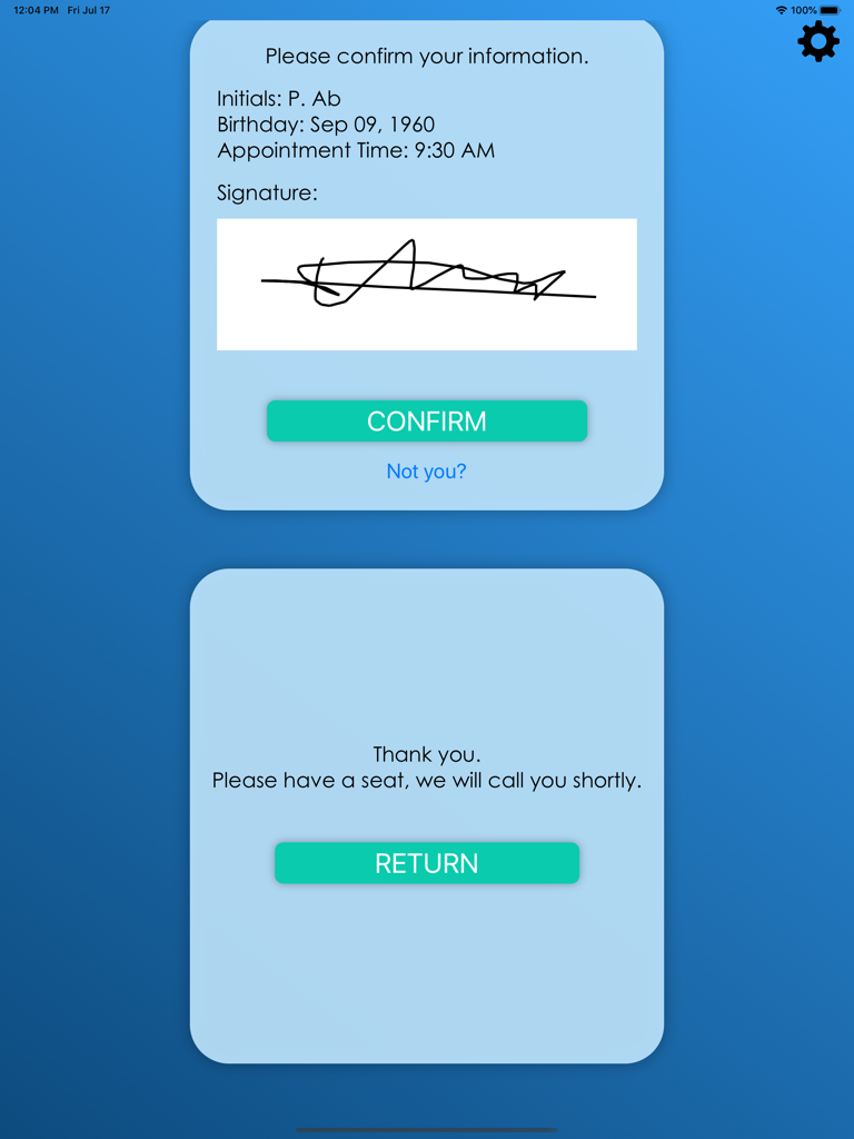 Pantalla de confirmación de información del paciente y firma para el registro en la clínica