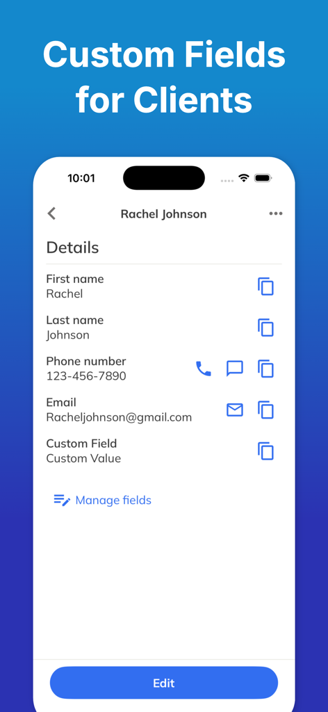 Mobile app interface showing custom data fields for a client profile