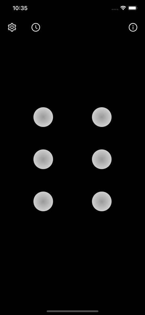 Digital interface of a six-hole ocarina music app showing touch fingerings on a black background