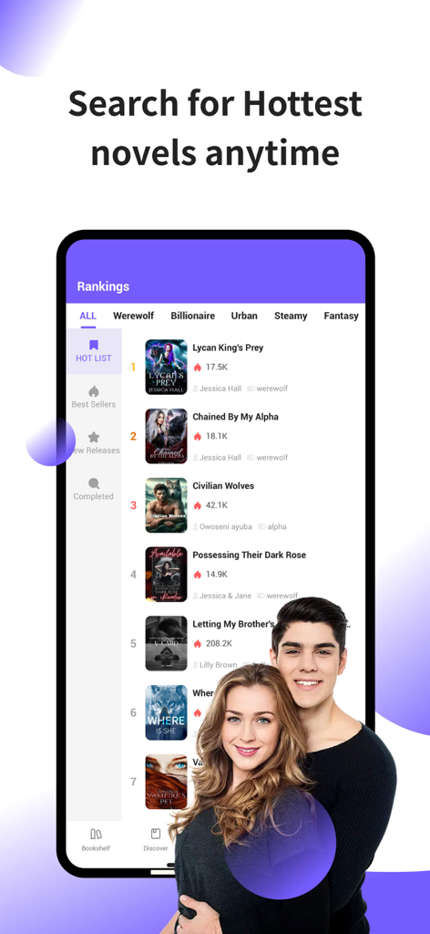 Novelpack - Interfaz de la aplicación Novelpack que muestra una lista de novelas de romance de hombres lobo y multimillonarios de moda en la sección de rankings
