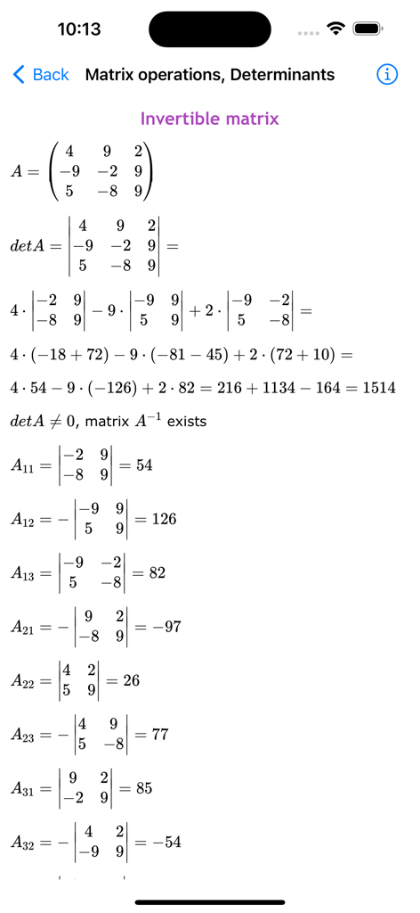 ALG Math Solver - A screenshot of the ALG Math Solver app showing a step by step calculation for an invertible matrix determinant and cofactors