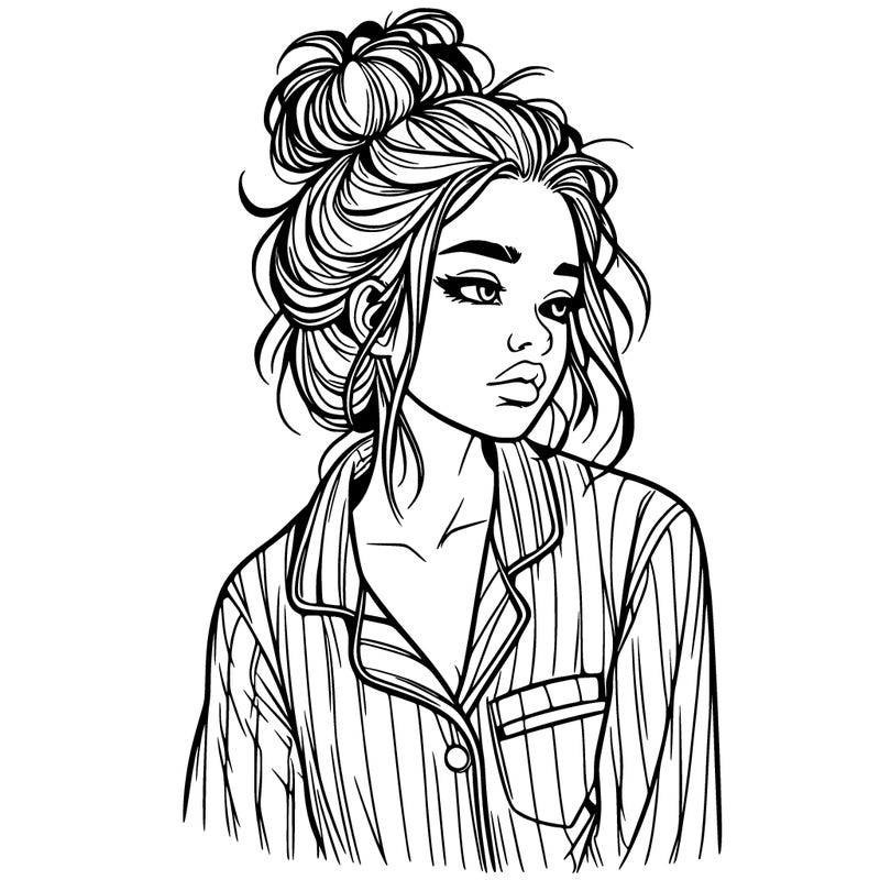 realistic woman with pajamas on and a messy bun