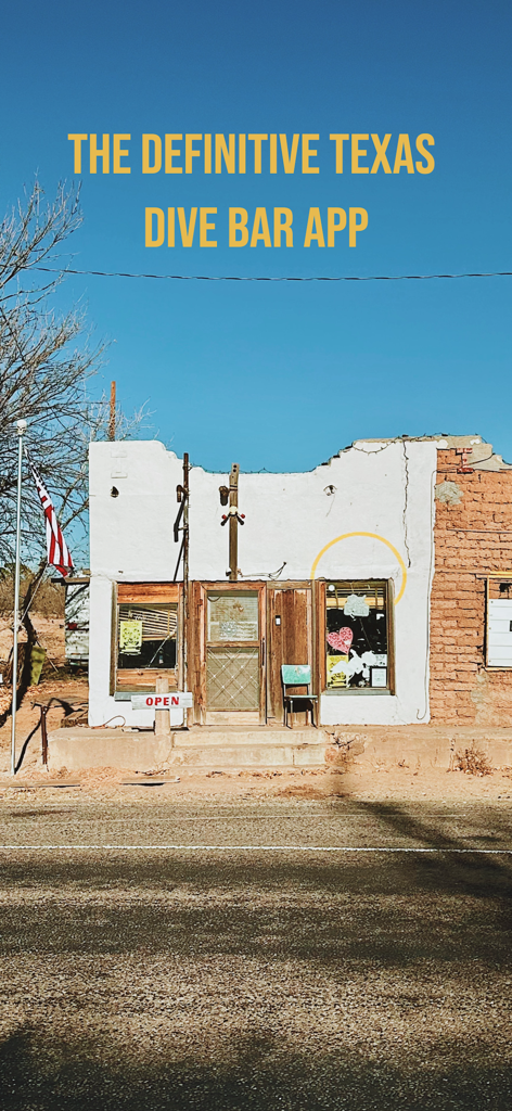 Exterior view of an authentic old Texas dive bar with an open sign under a clear blue sky