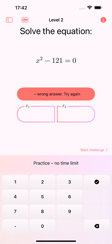 Math Guru - Personal Trainer - Screenshot of Math Guru app showing a Level 2 quadratic equation practice session with the equation x squared minus 121 equals zero