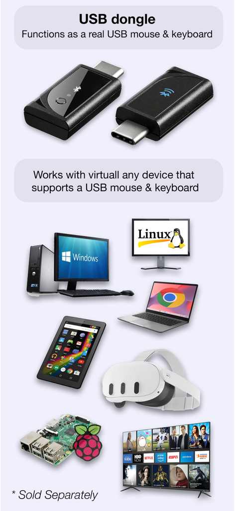 Mobile Mouse USB Remote - USB dongle for Mobile Mouse showing compatibility with Windows Linux VR and smart TVs