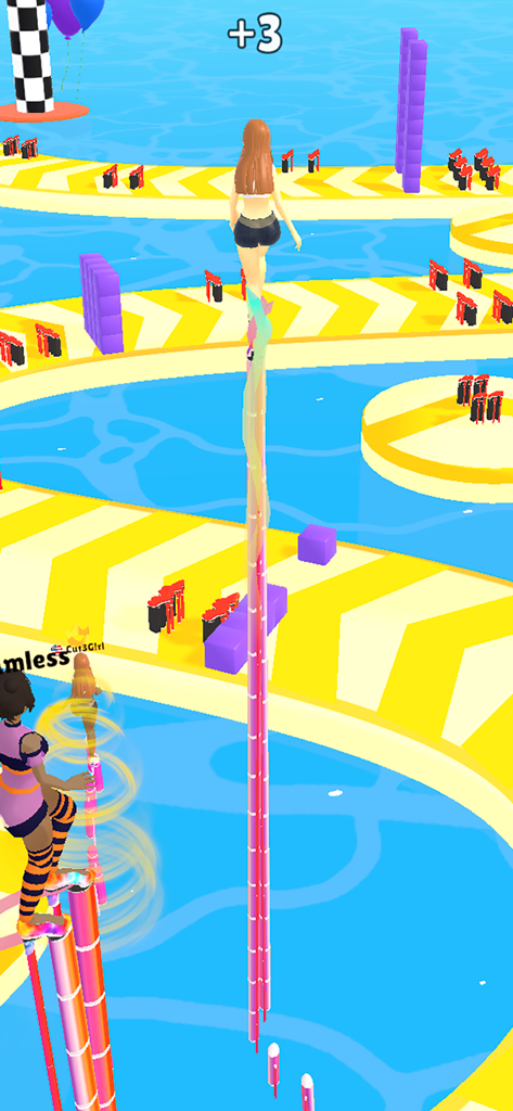 High heels - Running girl game - A girl character walking on extremely tall high heels along a yellow runway over water in a mobile game