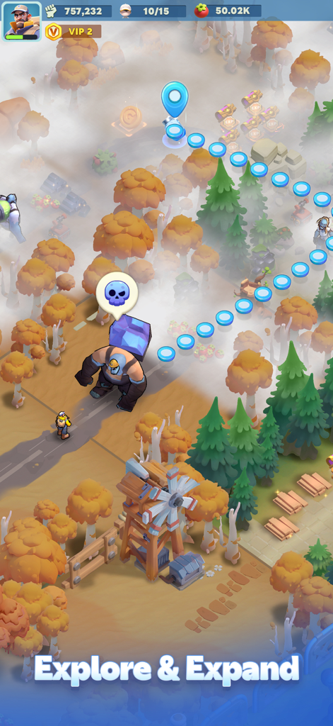 Personaje héroe explorando un bosque neblinoso y enfrentándose a un monstruo gigante en Tiles Survive