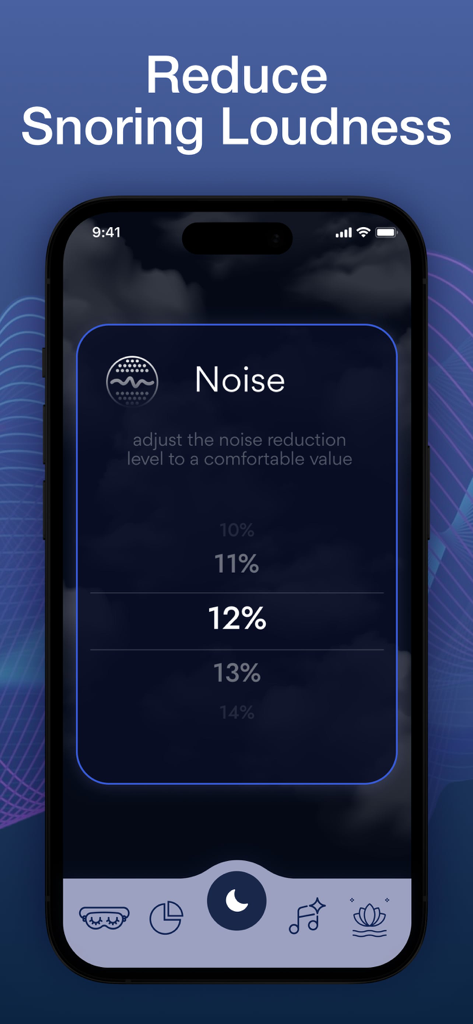 Snore Recorder app interface for adjusting the noise reduction level to reduce snoring loudness.