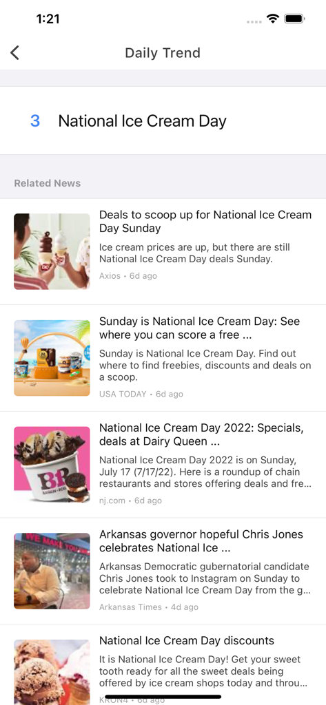 Trends on Google Trends - Googleトレンドのトレンドモバイルアプリで、ナショナルアイスクリームデーに関連するニュース記事を表示するデイリートレンドフィード