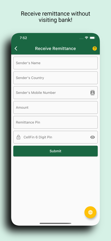 Eine mobile Benutzeroberfläche zum Empfangen von Auslandsüberweisungen in der CellFin App mit Feldern für Absenderinformationen und Überweisungscode.