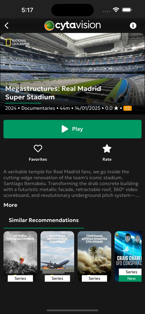 CytavisionGo mobile app interface showing details for a National Geographic documentary about the Real Madrid stadium.