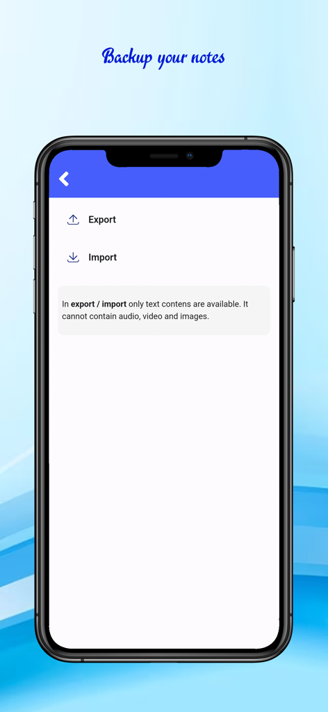 Open notes and reminder - Pantalla de copia de seguridad que muestra opciones de exportación e importación para notas de texto dentro de la aplicación Open Notes y Recordatorios