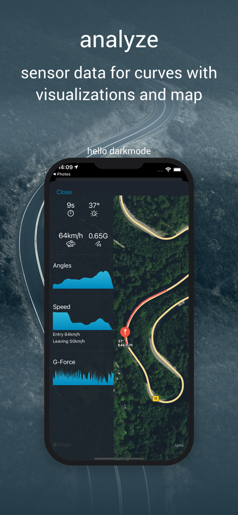 Curve Tracker for Motorbike - Schnittstelle der Motorrad-Telemetrie-App, die Schräglagenwinkel-, Geschwindigkeits- und G-Kraftdaten mit Kartenvisualisierung anzeigt.