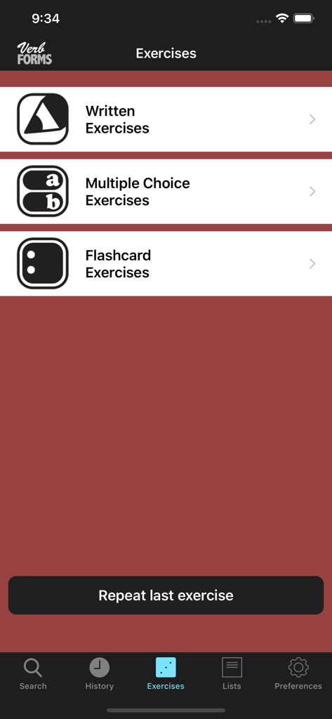 Menú de ejercicios de verbos en español con opciones para práctica escrita, opción múltiple y tarjetas de memoria