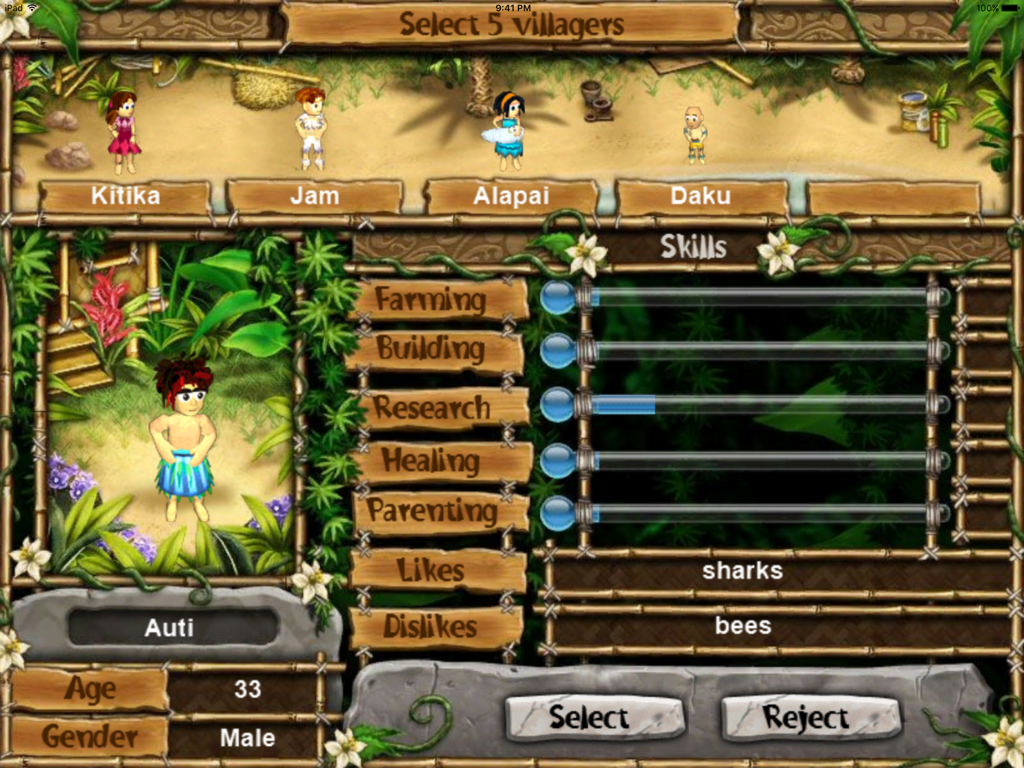 Virtual Villagers 4 for iPad - Villager selection screen in Virtual Villagers 4 for iPad showing character skills, age, and likes