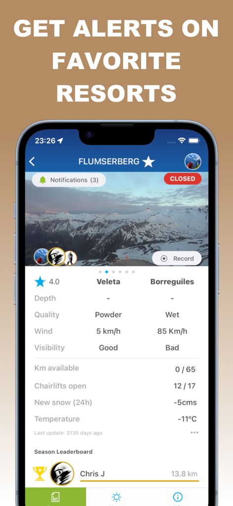 Mobile app screen showing ski resort snow reports and alerts for Flumserberg