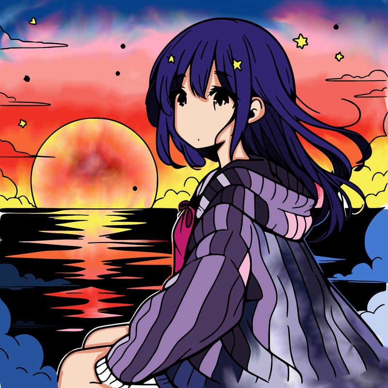 anime girl beside sun set