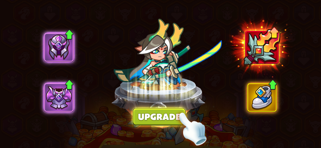 Monster Slayer Offline RPG - Character upgrade interface in Monster Slayer Offline RPG showing a hero with glowing armor and a flaming sword.