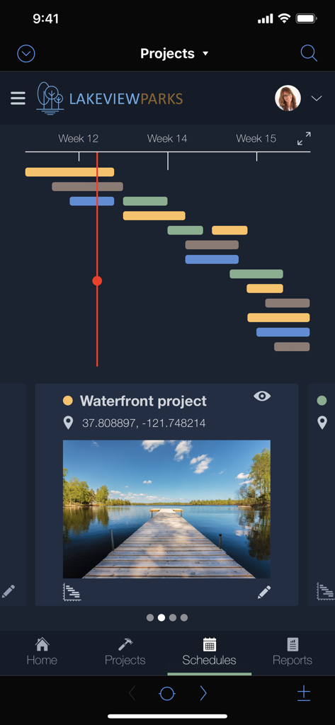 Claris FileMaker Go 2025 - A business dashboard in the Claris FileMaker Go 2025 app showing a project timeline and field data for park management