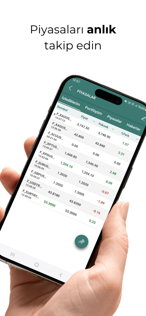 Osmanlı Mobil - Smartphone displaying real-time financial market data in the Osmanlı Mobil app.