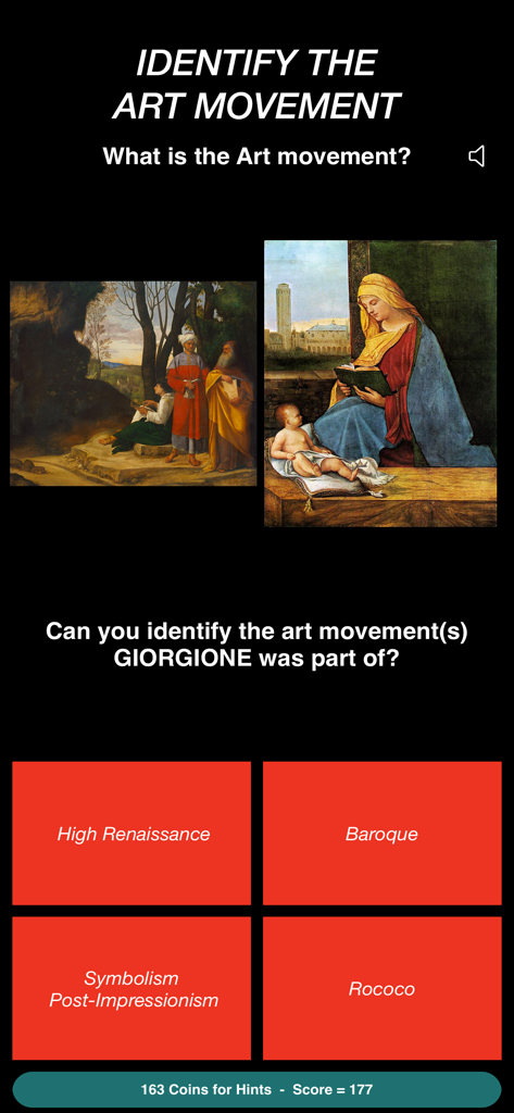 Learn Art - A quiz screen from the Learn Art app identifying the art movement of the artist Giorgione