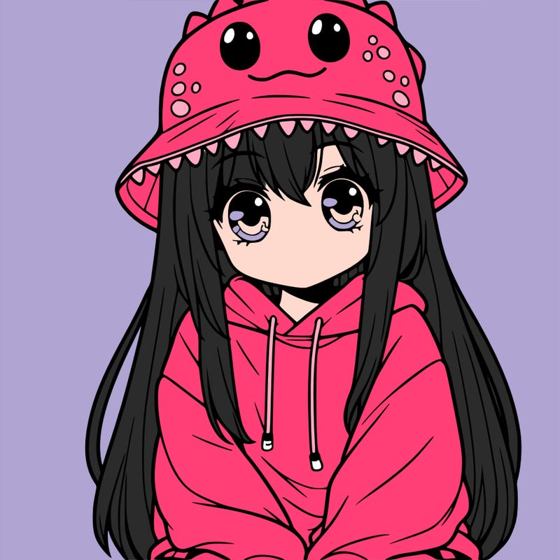 girl with anime shaped eyes with a dinosaur bucket hat oversized sweatshirt long straight hair